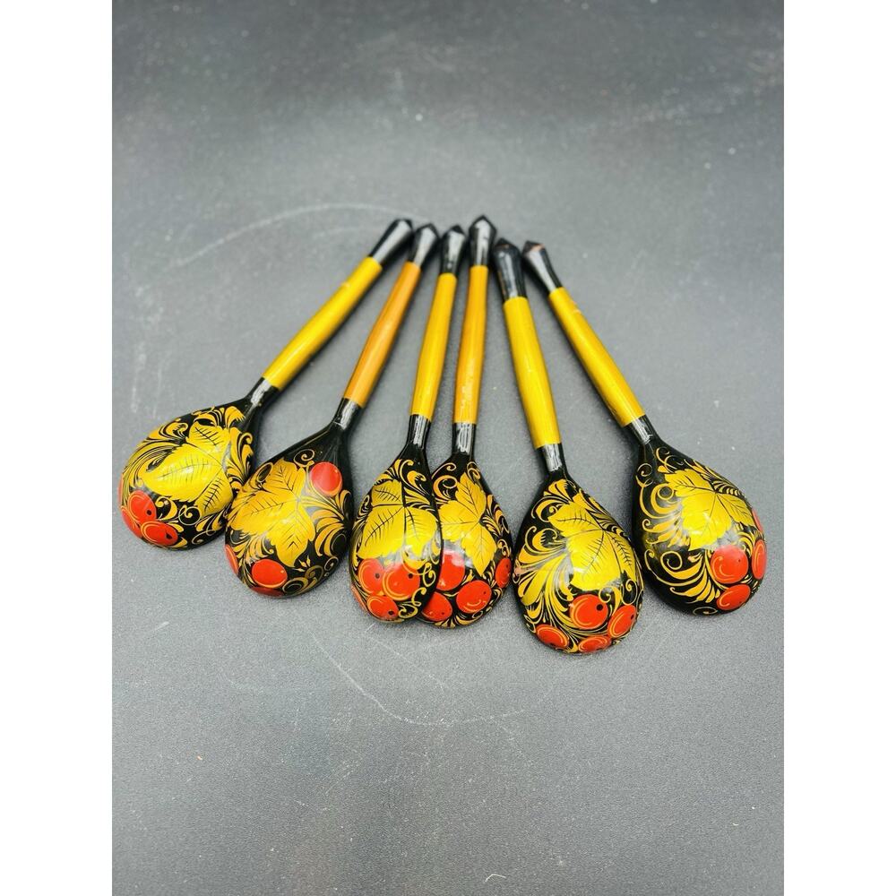 Khokhloma Russian Folk Art Hand Painted Spoons Red Gold Black Set Of 6